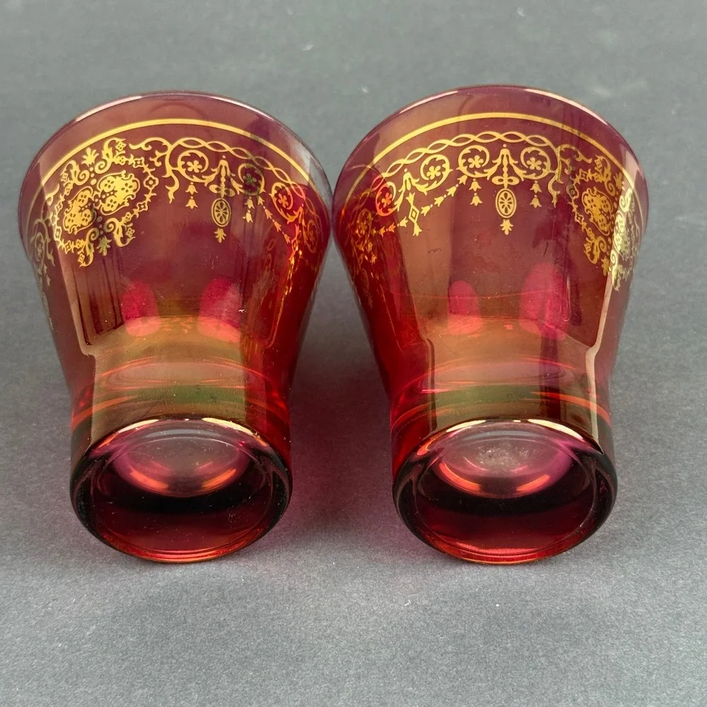 Timon Collezione Ruby Red Glass Tumblers Gold Gilt Floral Scroll Set of 2